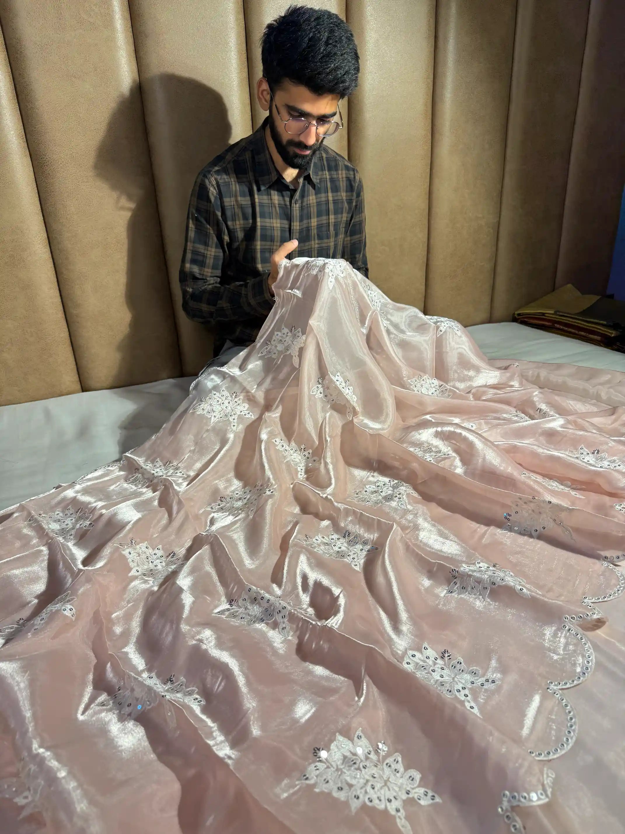 Pastel Peach Shimmery Tissue Silk Designer Saree