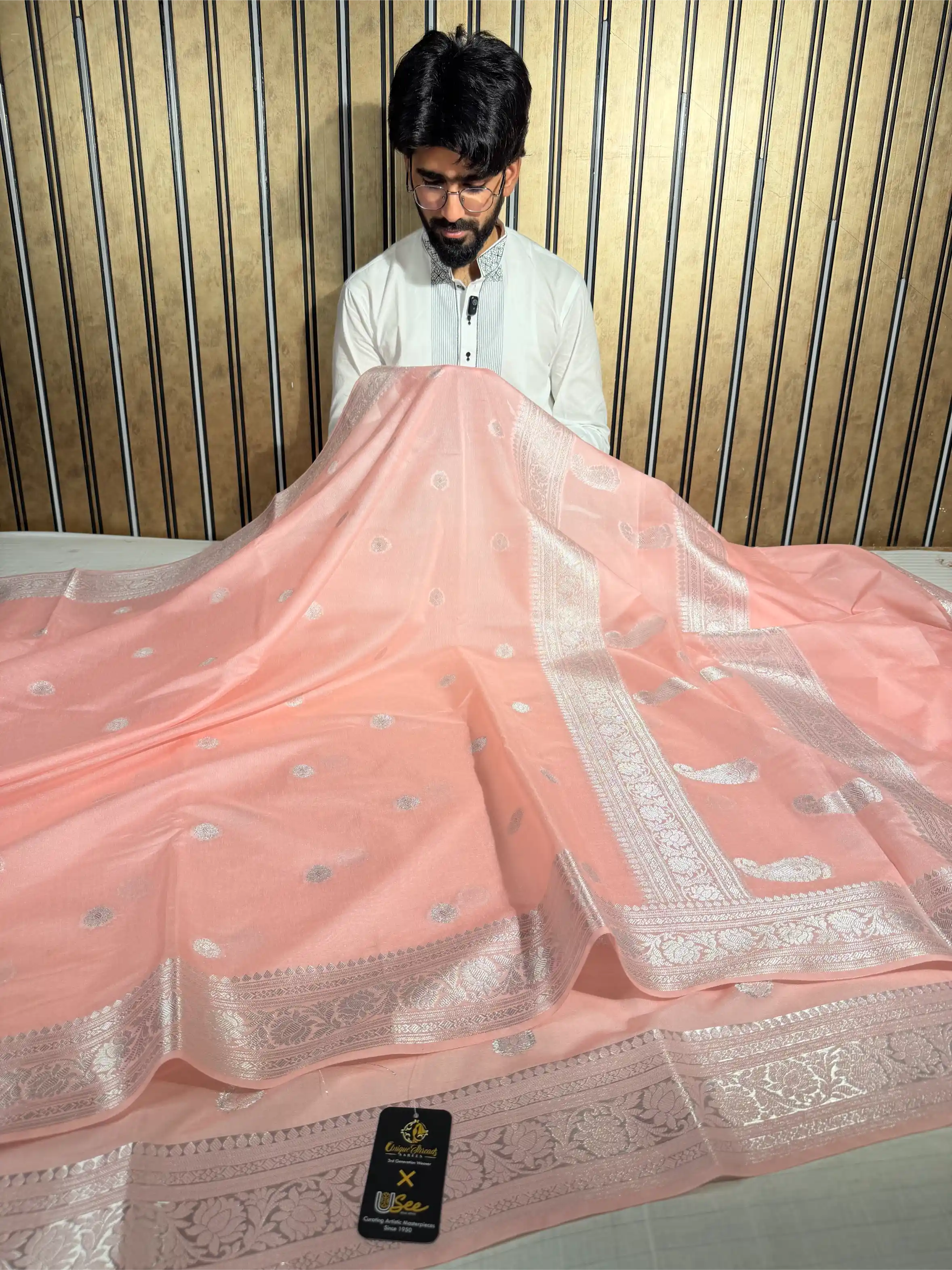 Pastel Pink Soft Georgette Khaddi Buti Banarasi Saree