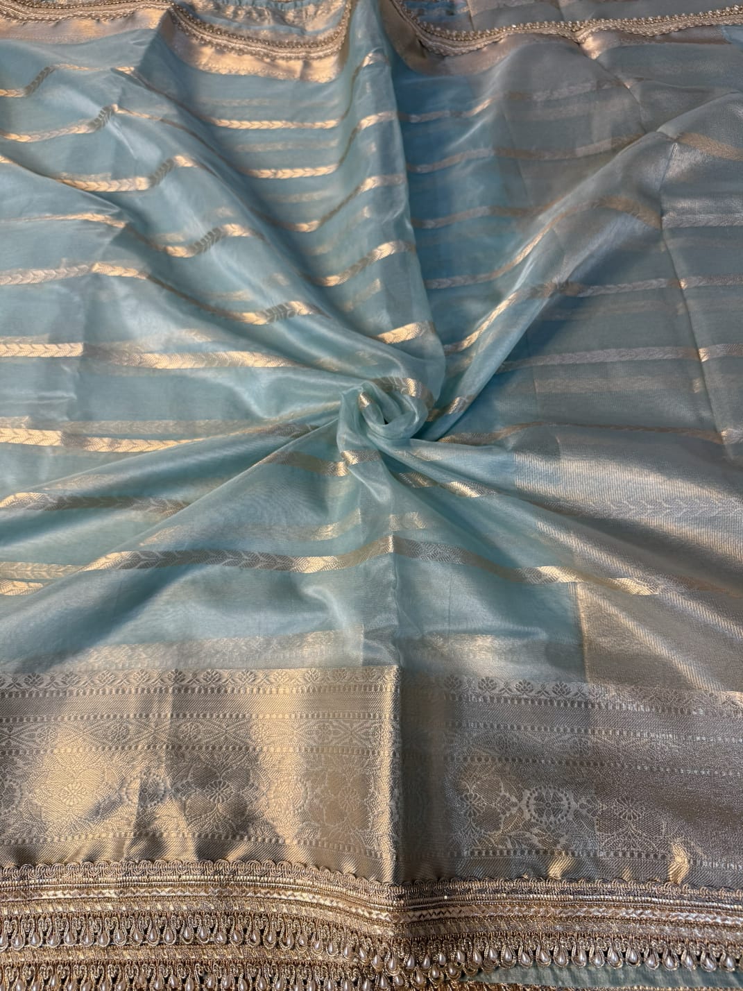 Pastel Sea Blue Kora Organza Silk Lace Attached Banarasi Saree