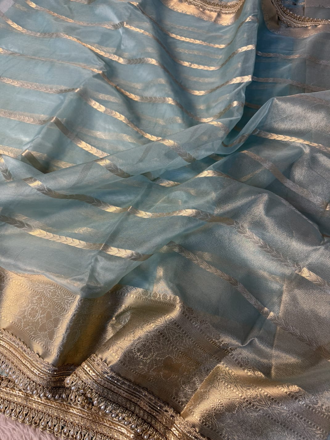 Pastel Sea Blue Kora Organza Silk Lace Attached Banarasi Saree