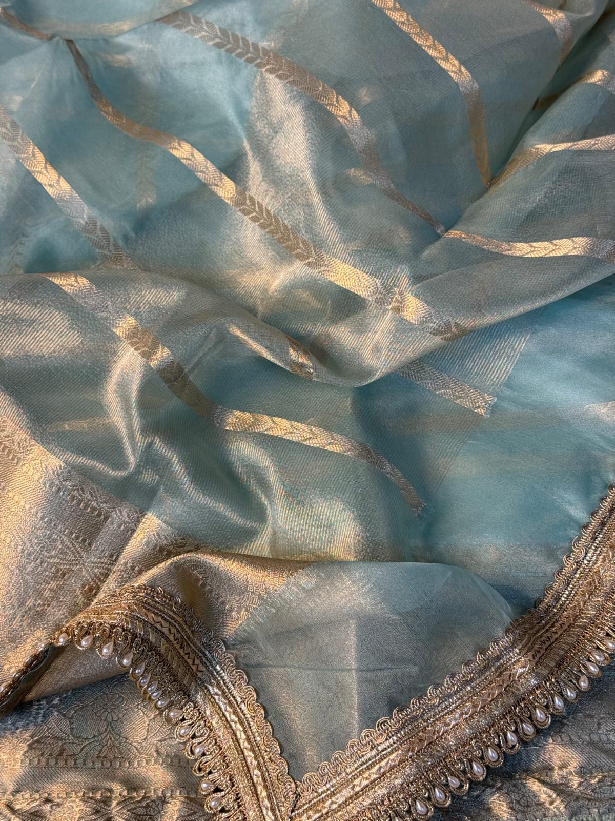 Pastel Sea Blue Kora Organza Silk Lace Attached Banarasi Saree