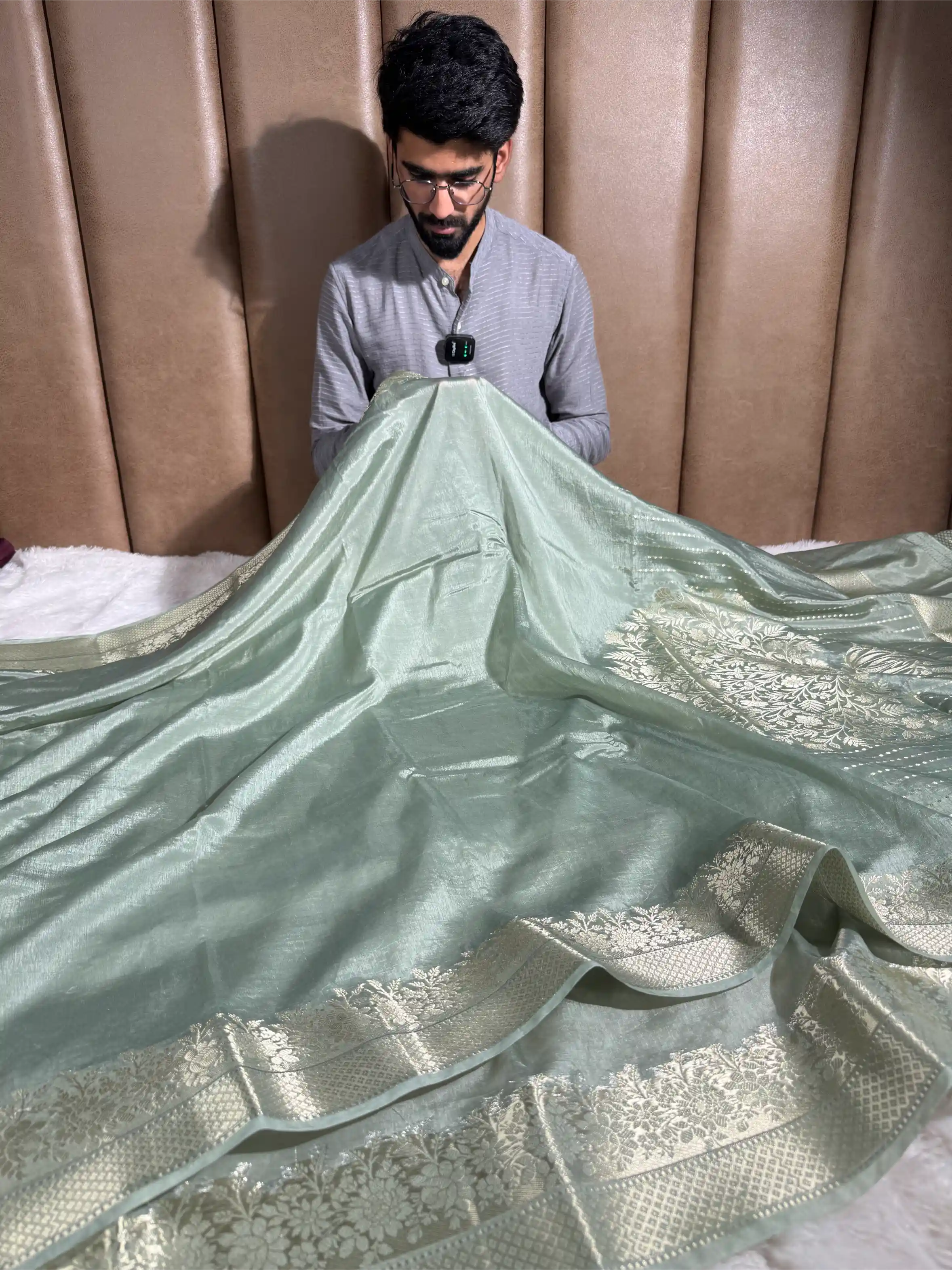 Pastel Sea Green Crepe Chinia Silk Banarasi Saree