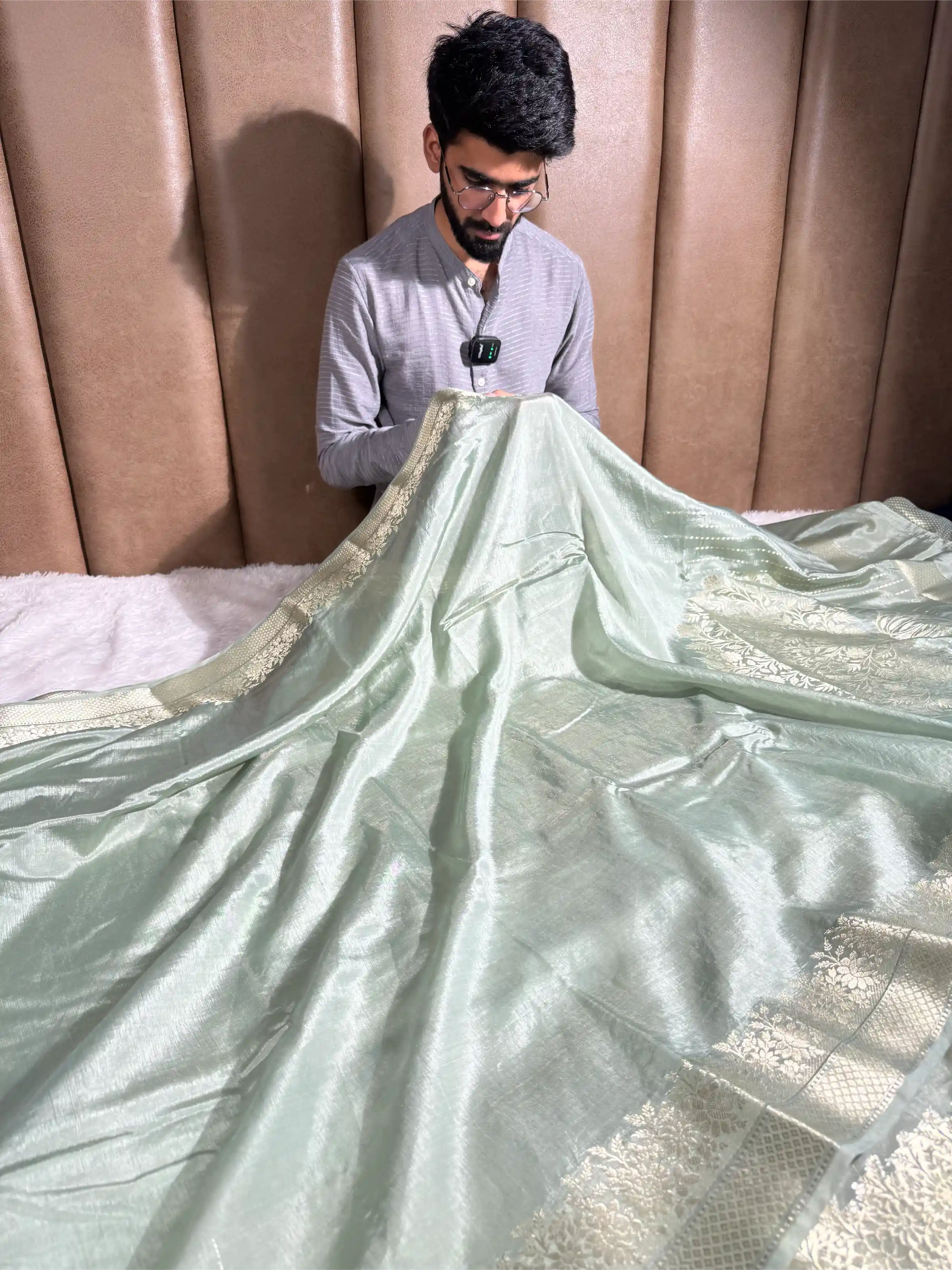 Pastel Sea Green Crepe Chinia Silk Banarasi Saree