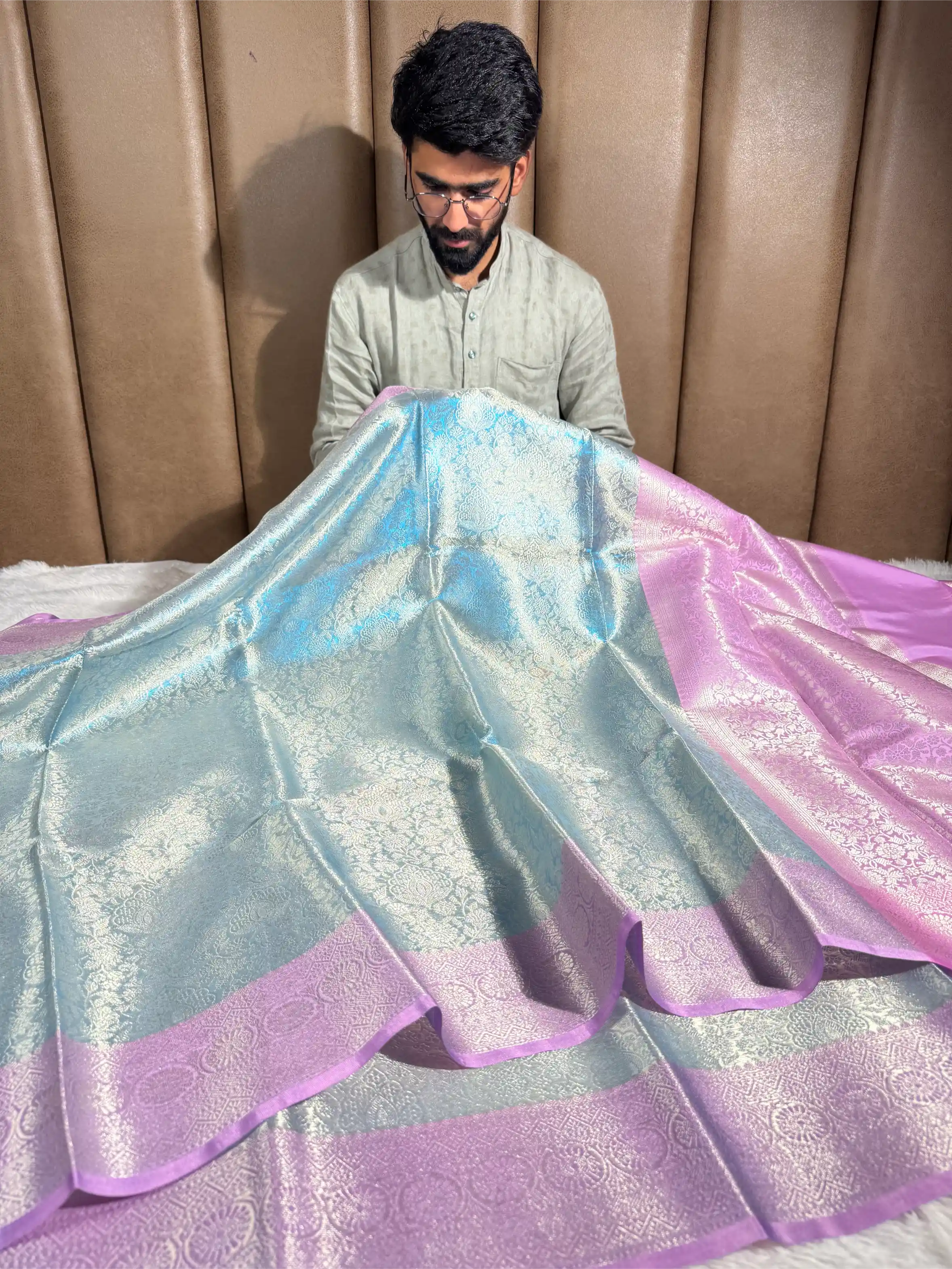 Pastel Firozi Tissue Silk Kanjivaram Embossed Banarasi Saree