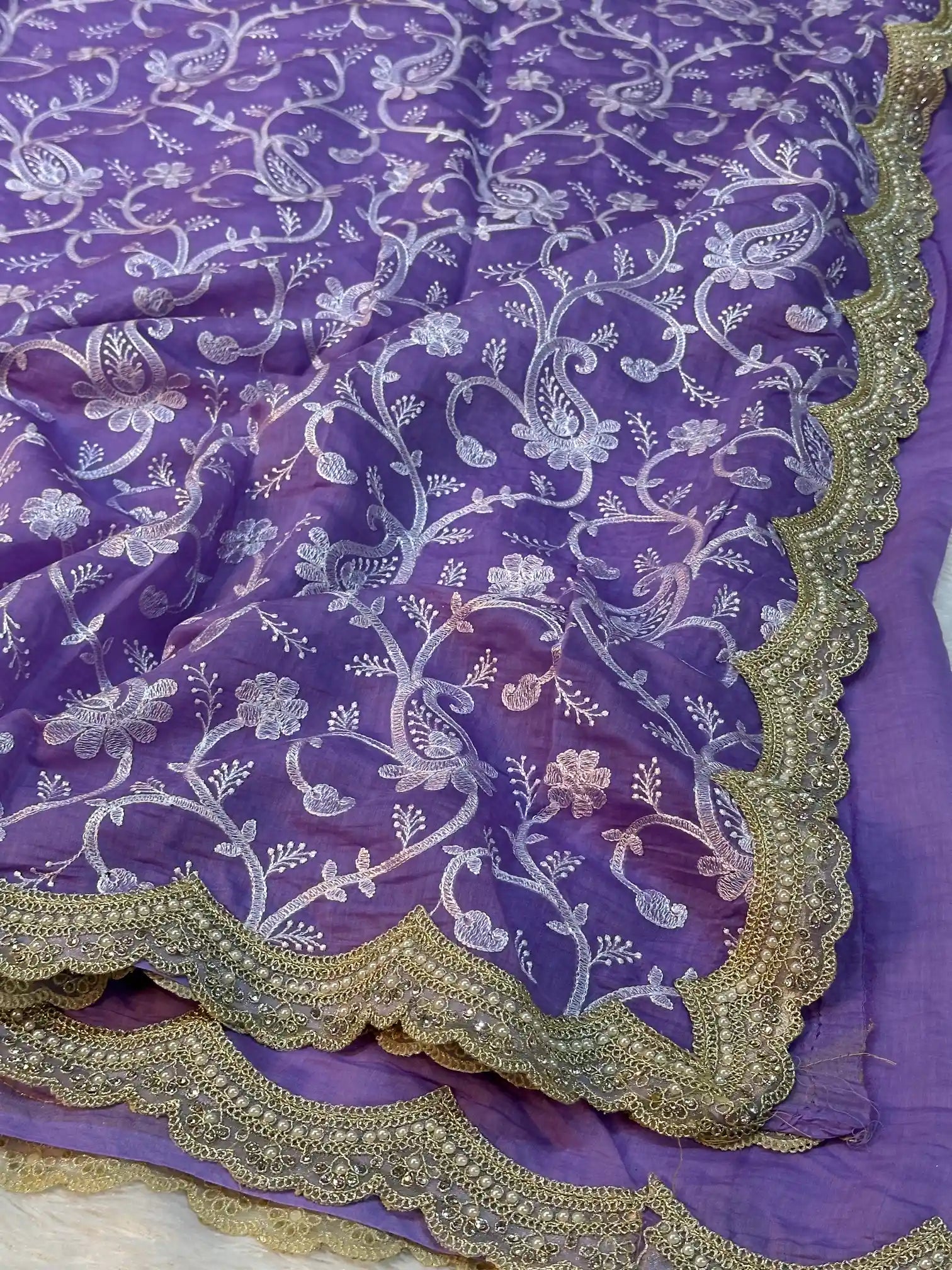 Pastel Lavender Pure Mul Chanderi Chikankari Embroidery Work Saree