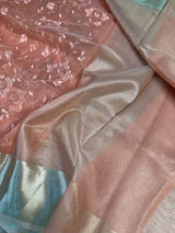 Pastel Peach Organza Silk Chikankari Banarasi Saree 