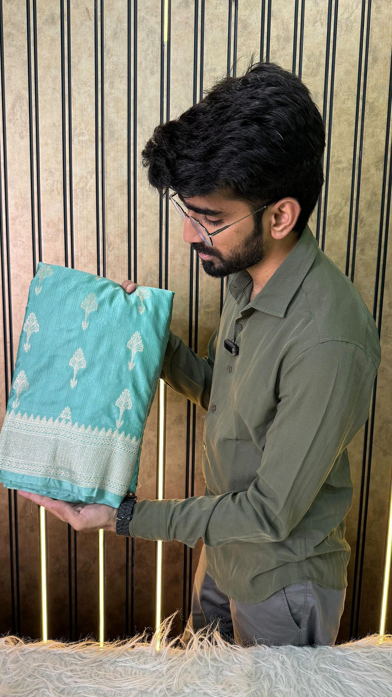 Pastel Sea Green Mashru Katan Silk Zari Jacquard Buta Banarasi Saree