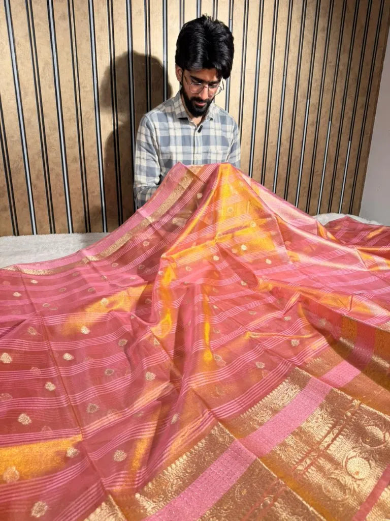 Pastel pink traditional tissue silk Banarasi saree