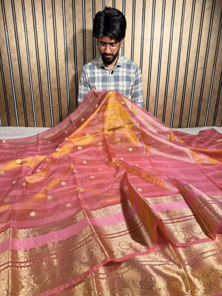 Pastel pink traditional tissue silk Banarasi saree