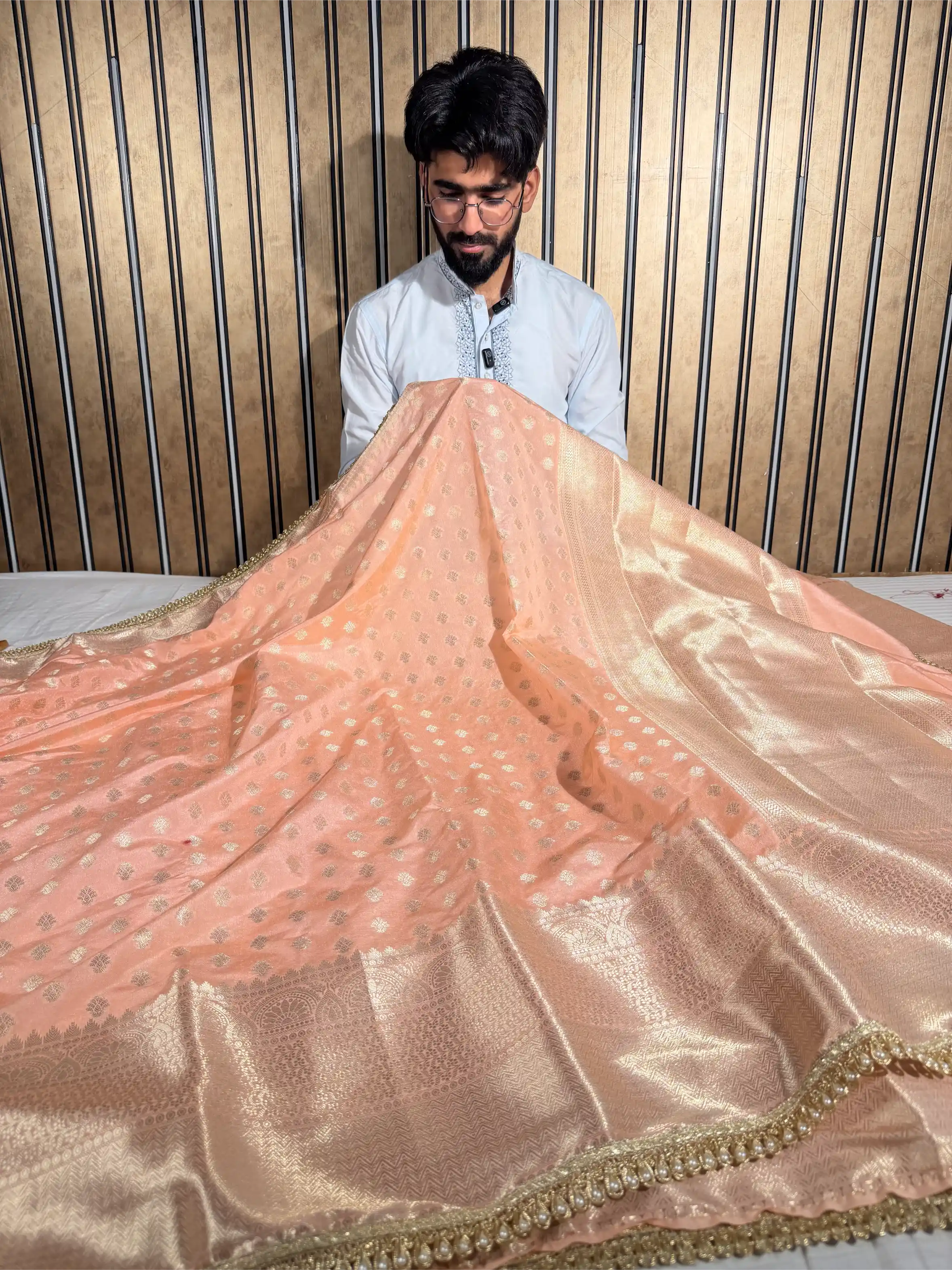 Peach Chinia Silk Designer Lace Work Banarasi Saree