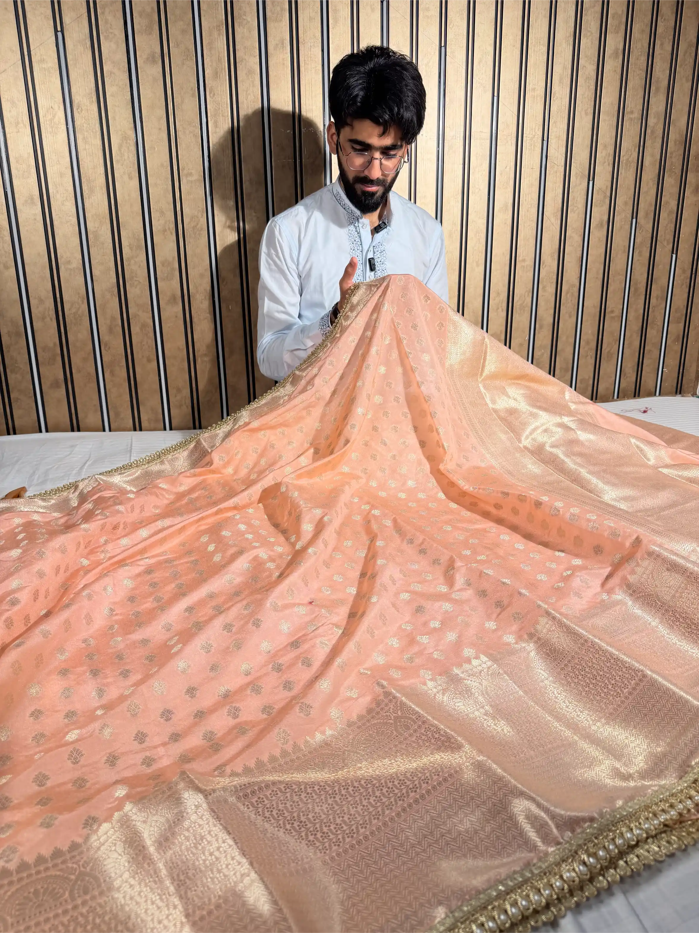 Peach Chinia Silk Designer Lace Work Banarasi Saree