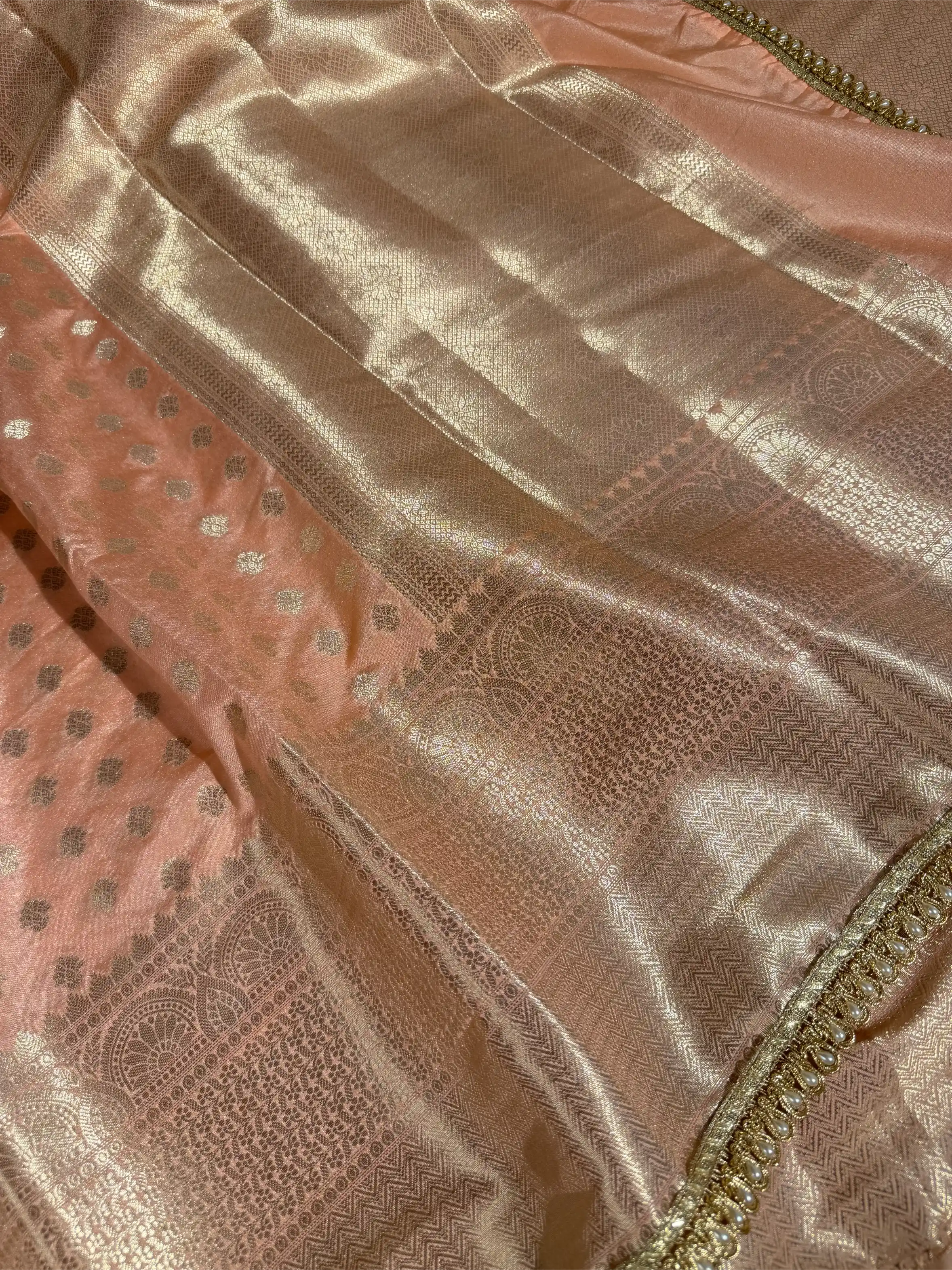 Peach Chinia Silk Designer Lace Work Banarasi Saree