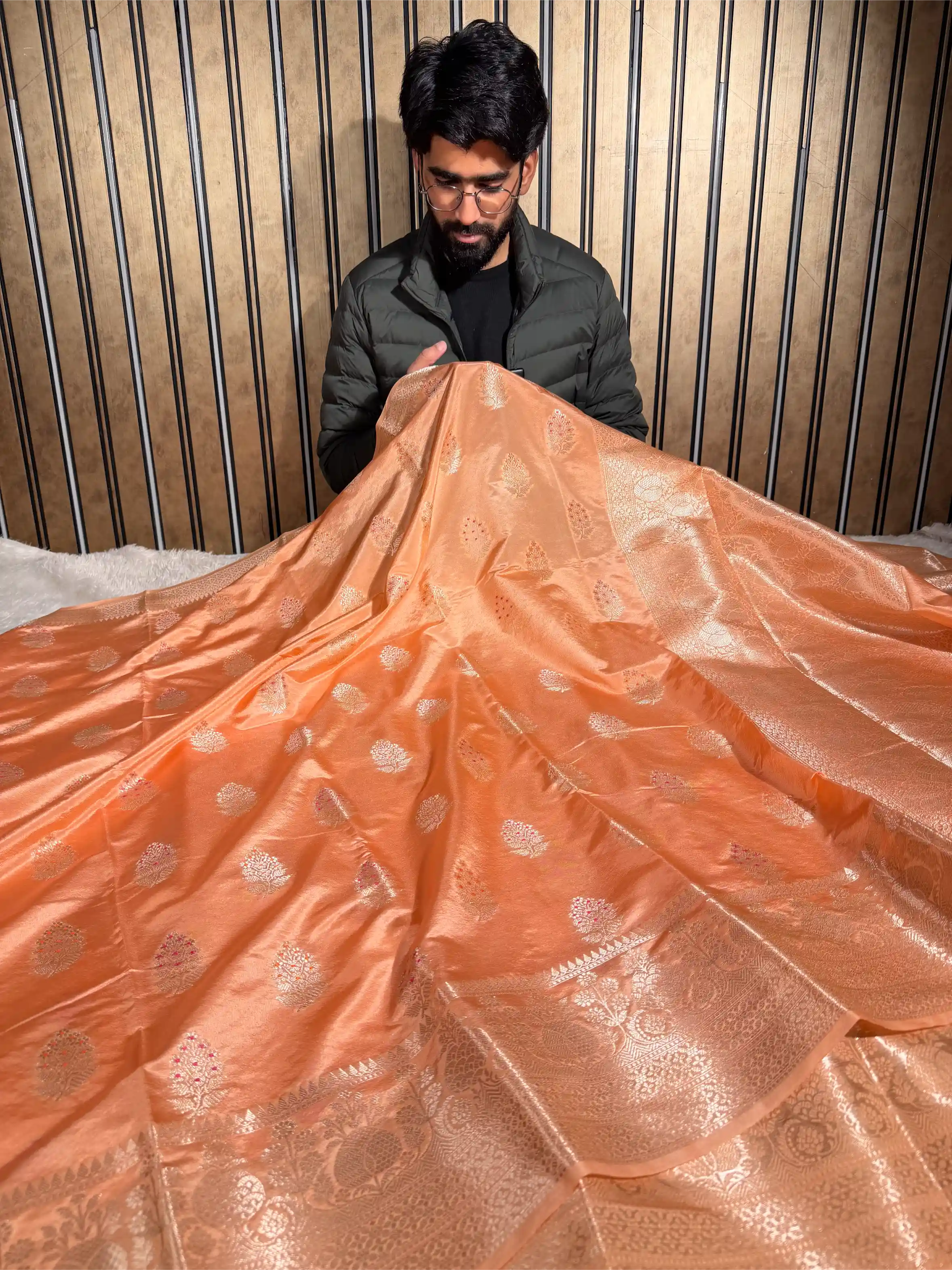 Peach Orange Raw Chinia Silk Meenakari Buta Banarasi Saree