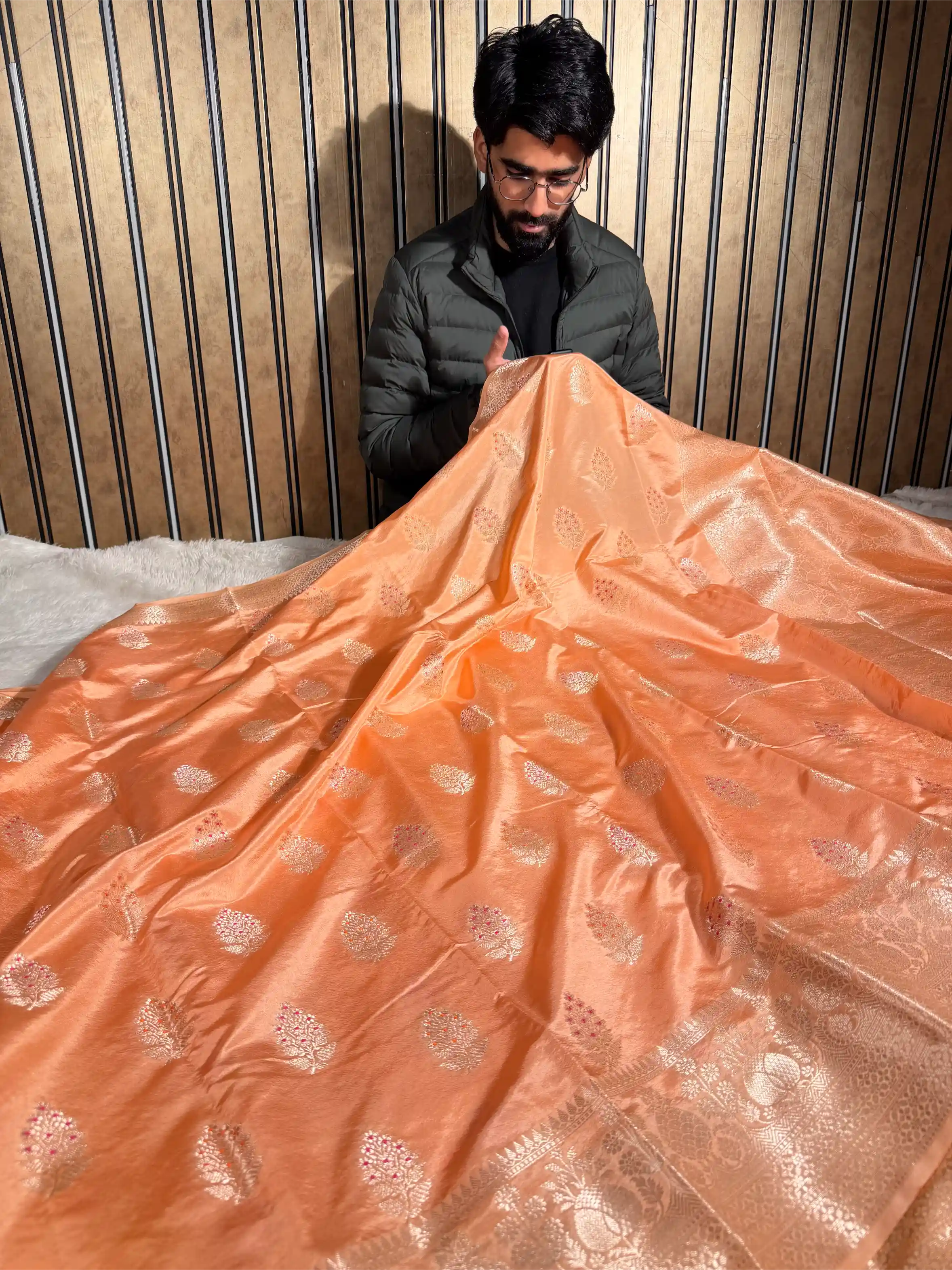 Peach Orange Raw Chinia Silk Meenakari Buta Banarasi Saree