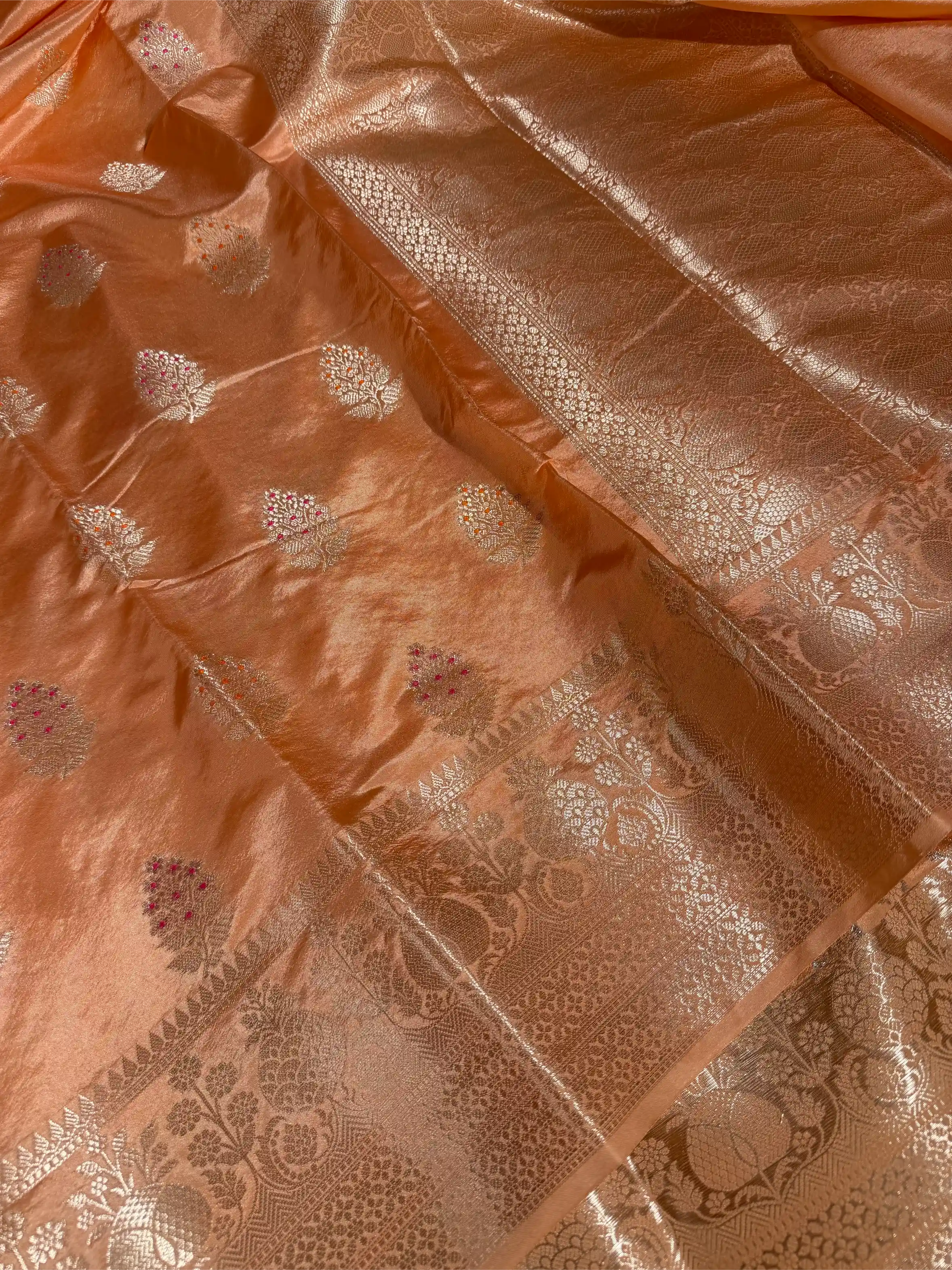 Peach Orange Raw Chinia Silk Meenakari Buta Banarasi Saree