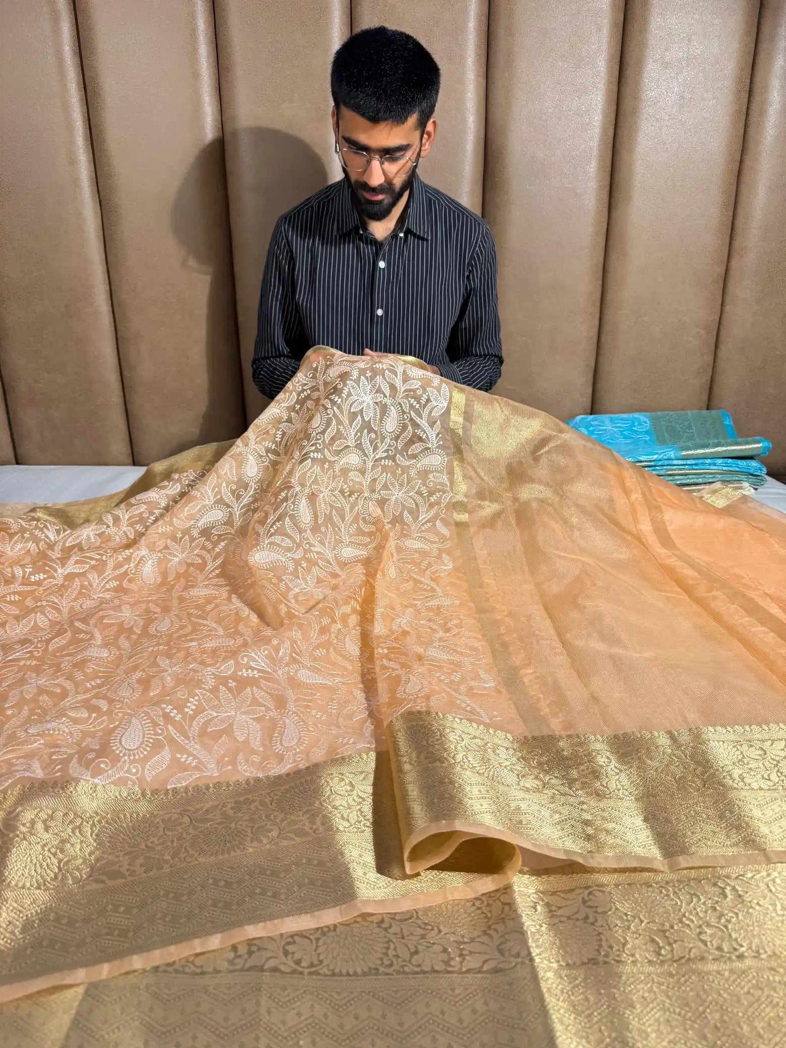 Peach Organza Silk Banarasi Chikankari Saree