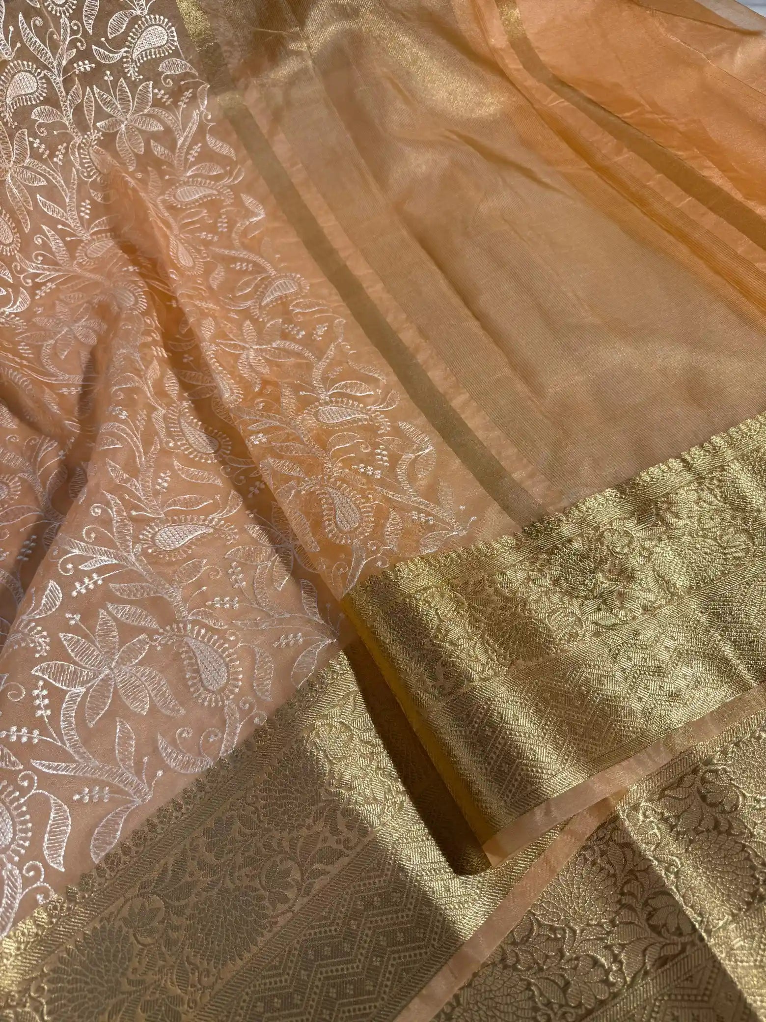 Peach Organza Silk Banarasi Chikankari Saree