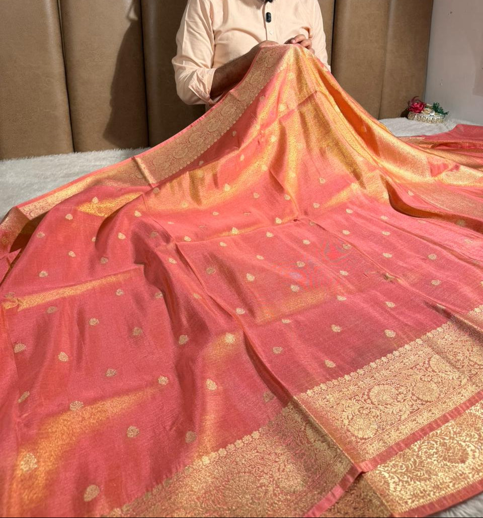 Peach Shade Premium Katan Tissue Banarasi Saree