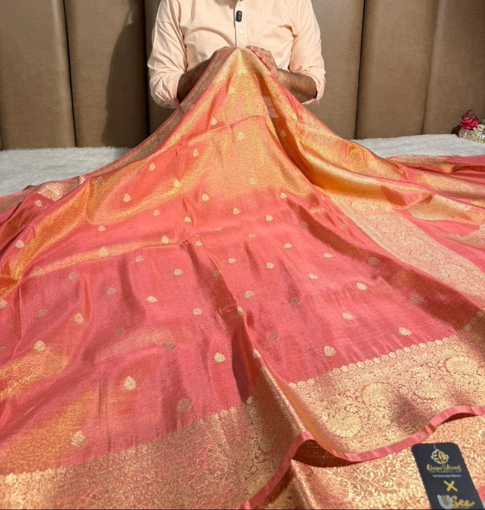 Peach Shade Premium Katan Tissue Banarasi Saree