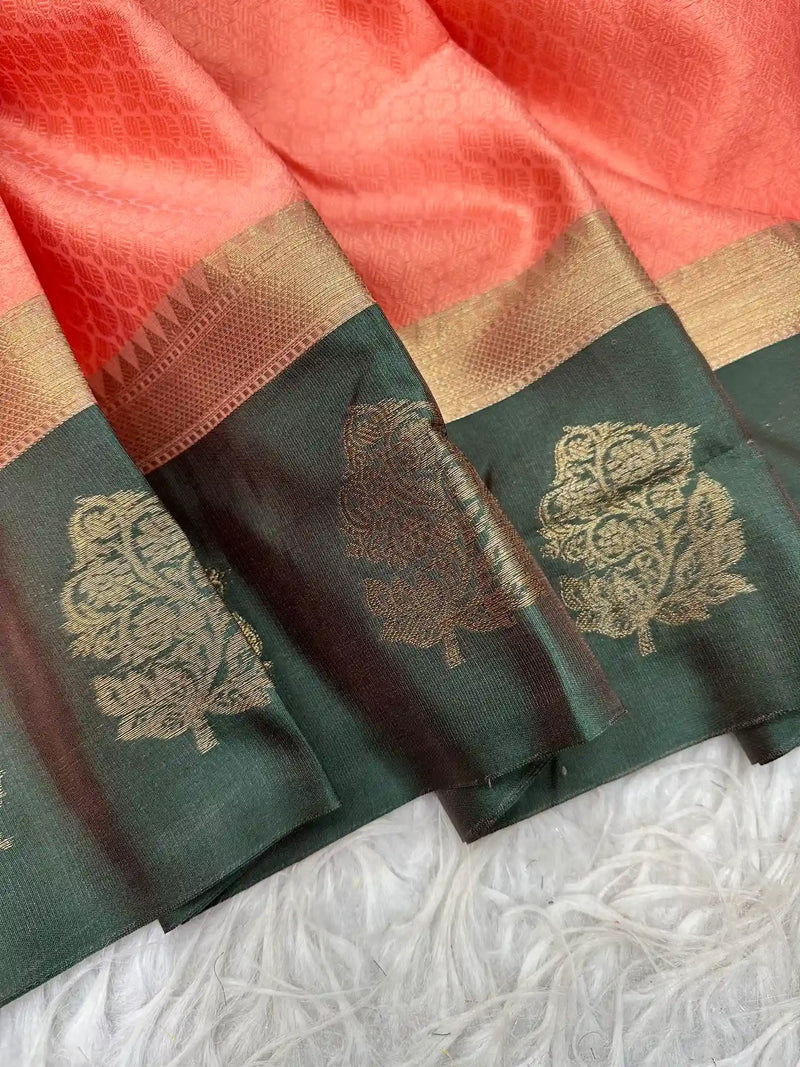 Peach Kanchi Kora Silk Jacquard Border Banarasi Saree