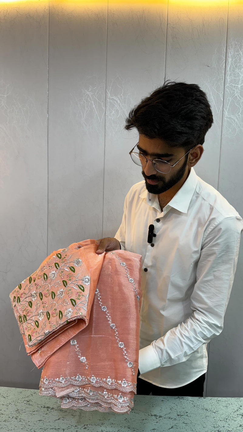 Peach Shade Shimmery Tissue Silk Saree