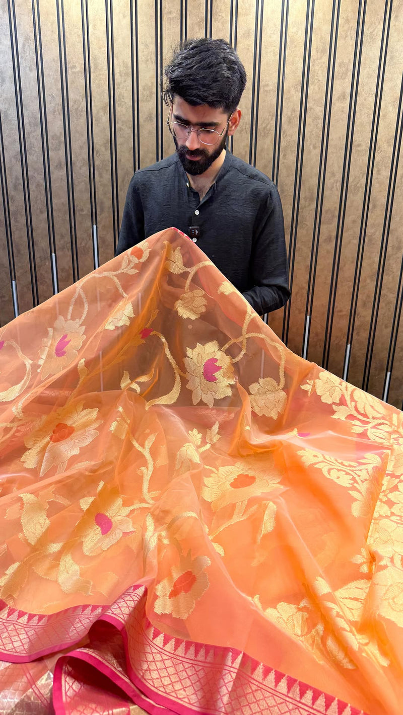 Peachish Orange Kora Organza Silk Heritage Grand Floral Alfi Banarasi Saree
