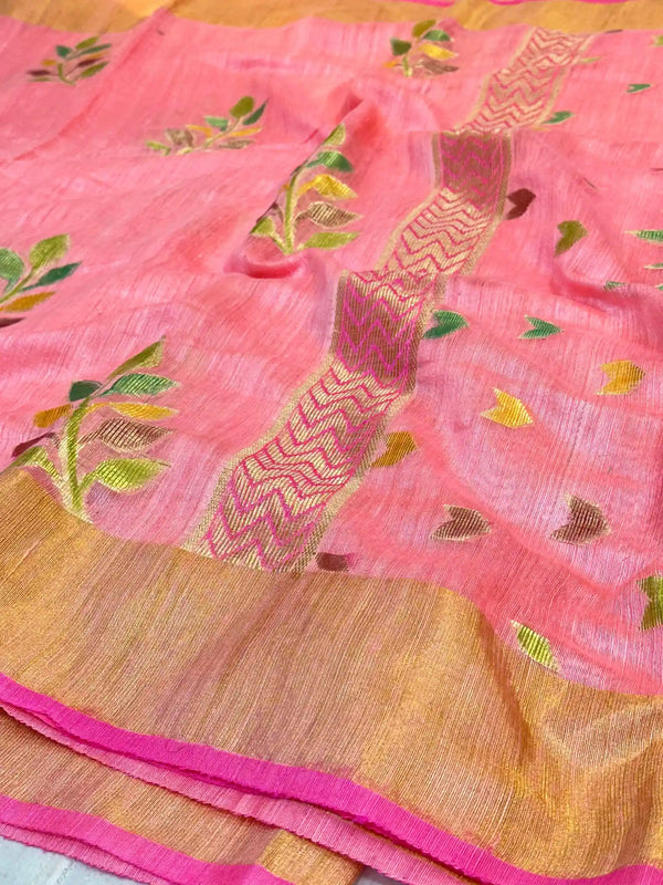 Peachish Pink Pure Matka Silk Rangkat Banarasi Saree