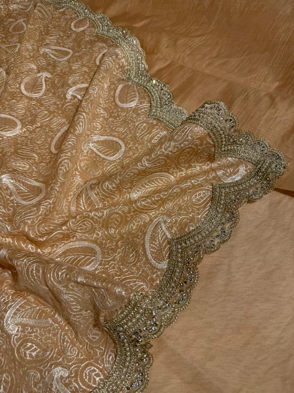 Persian Orange Pure Mul Chanderi Chikankari Work Banarasi Saree