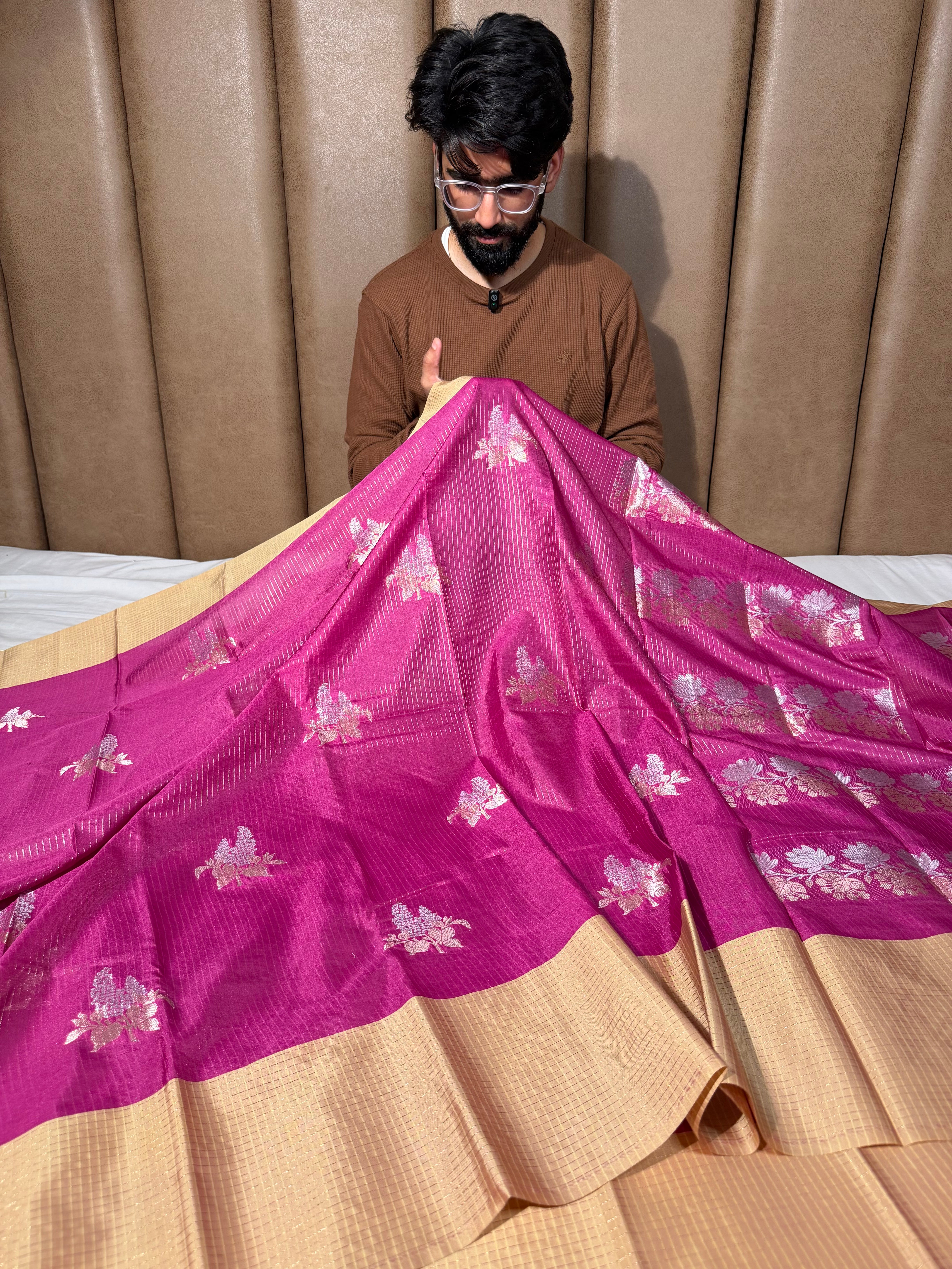 Rani Peach Checkered Banarasi Silk Saree
