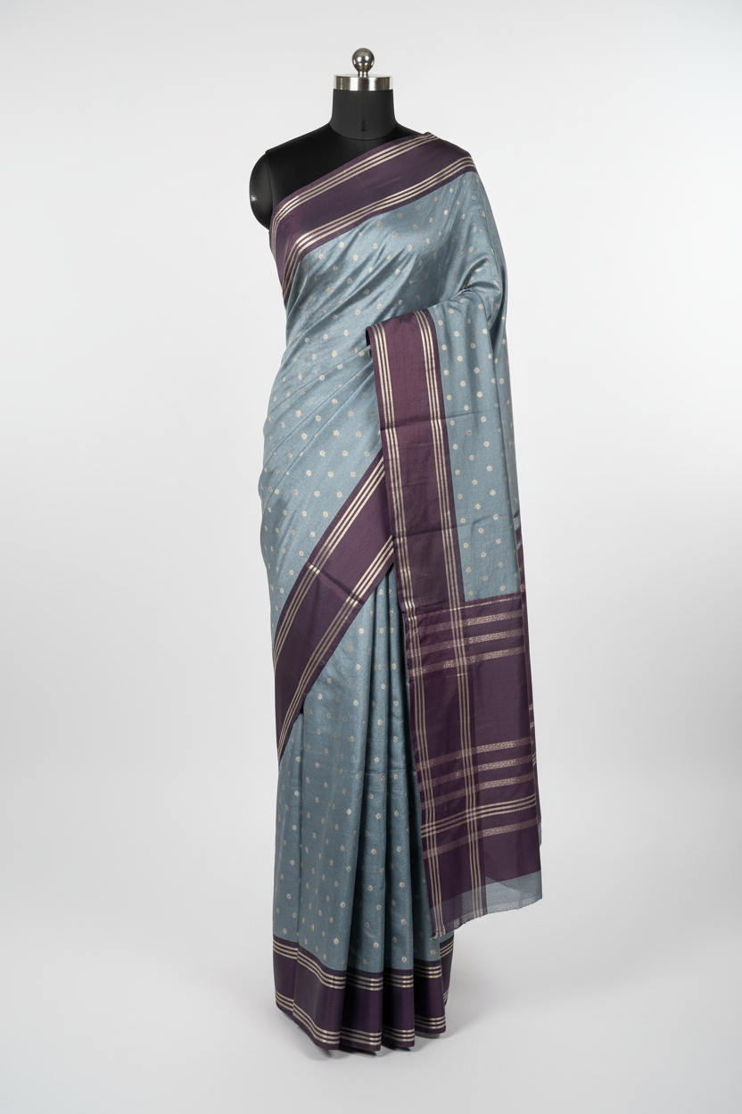 Light Grey Traditional Buti Banarasi Silk Saree
