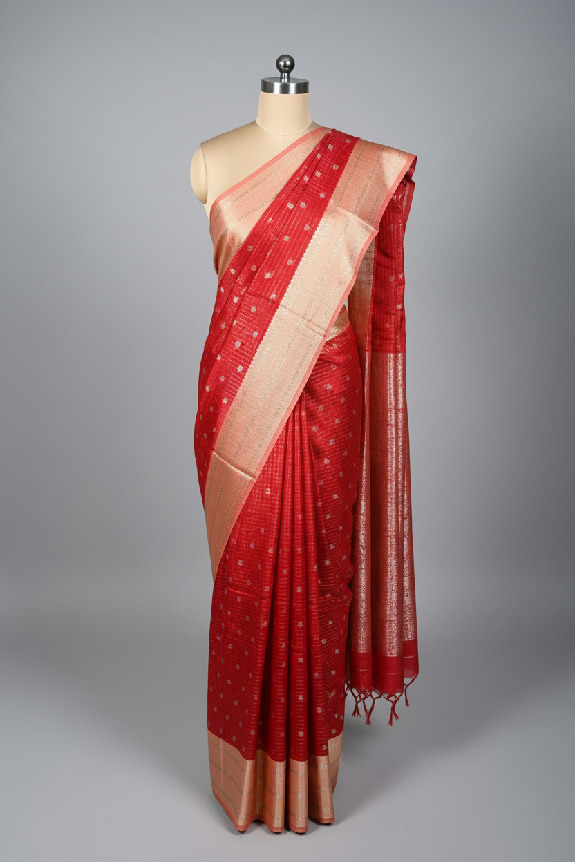 Red Peach Checks Weave Banarasi Silk Saree