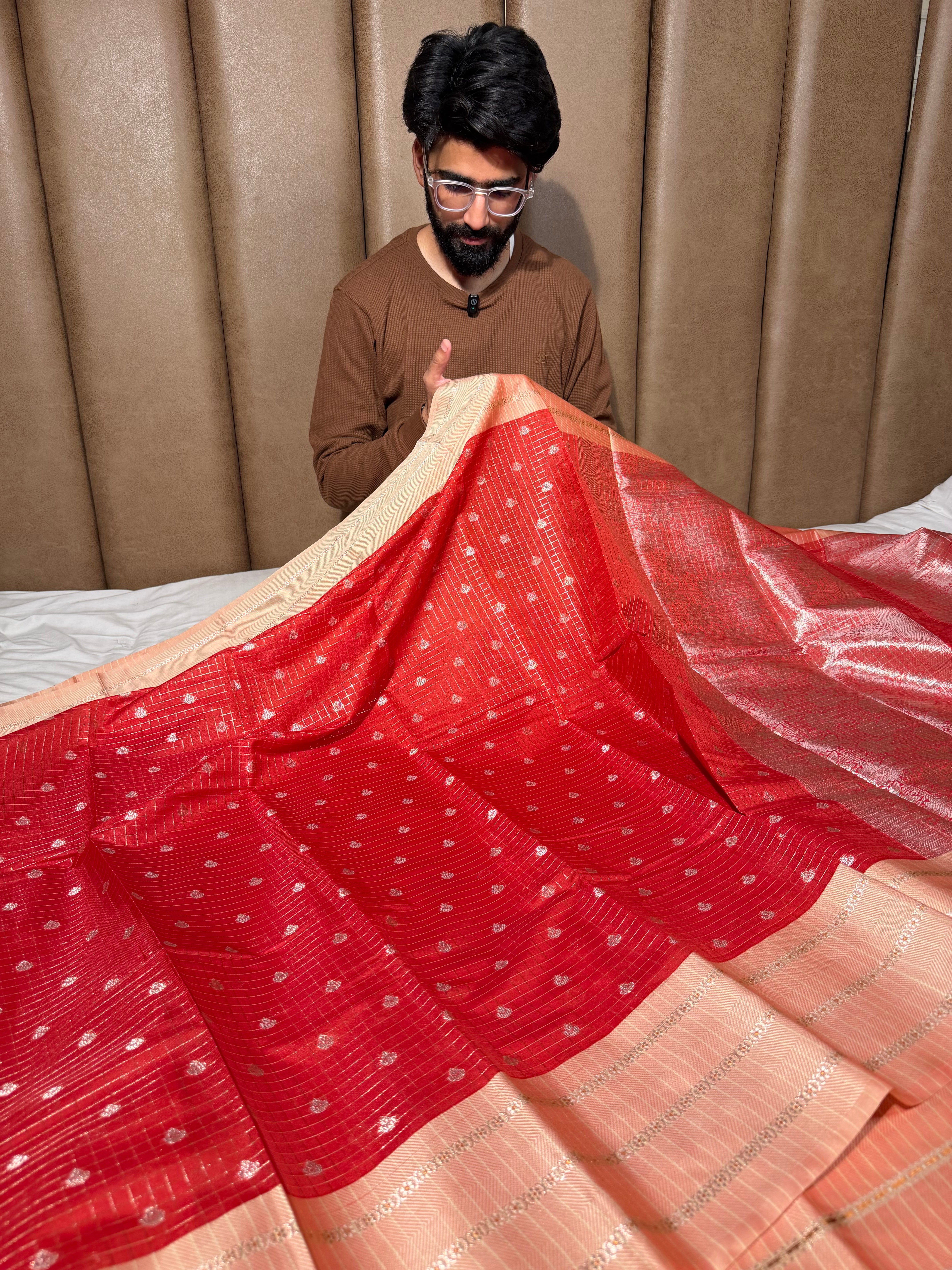Red Peach Checks Weave Banarasi Silk Saree