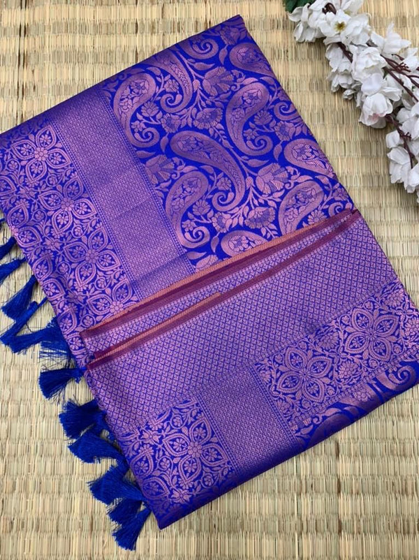 Royal Blue Softsilk Saree in Carry Pattern Floral Design