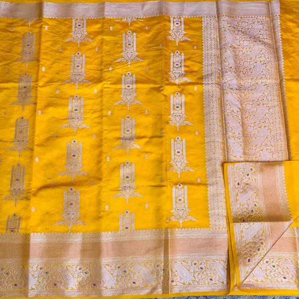 Bright Yellow Chinia Silk Banarasi Saree
