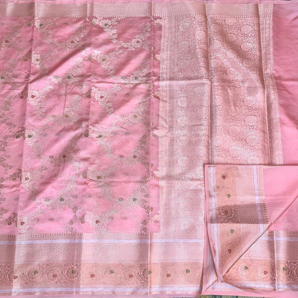 Bright Light Pink Chinia Silk Banarasi Saree