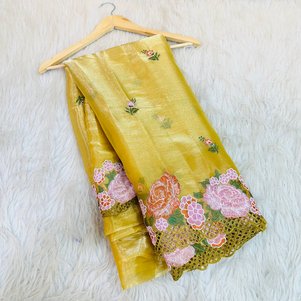 Shimmery Yellow Tissue Crochet Saree
