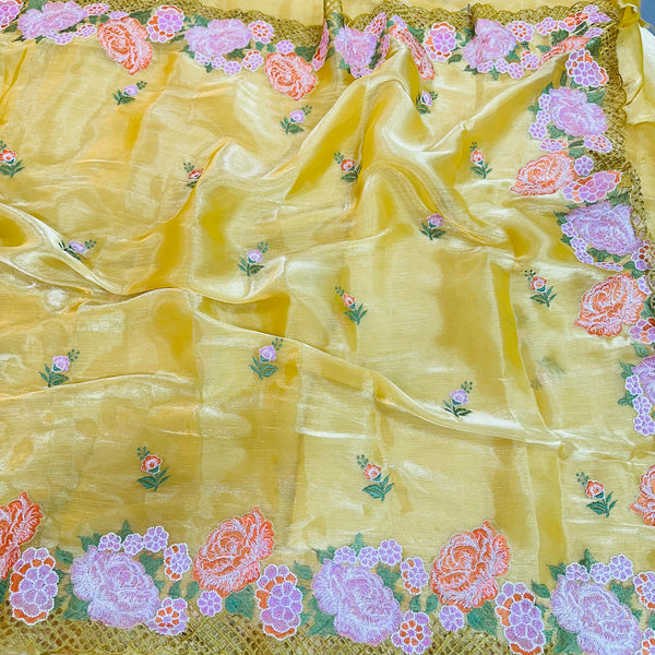 Shimmery Yellow Tissue Crochet Saree