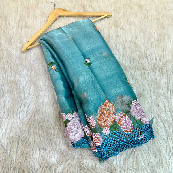 Shimmery Blue Tissue Crochet Saree
