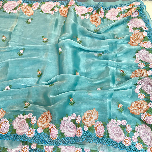 Shimmery Blue Tissue Crochet Saree