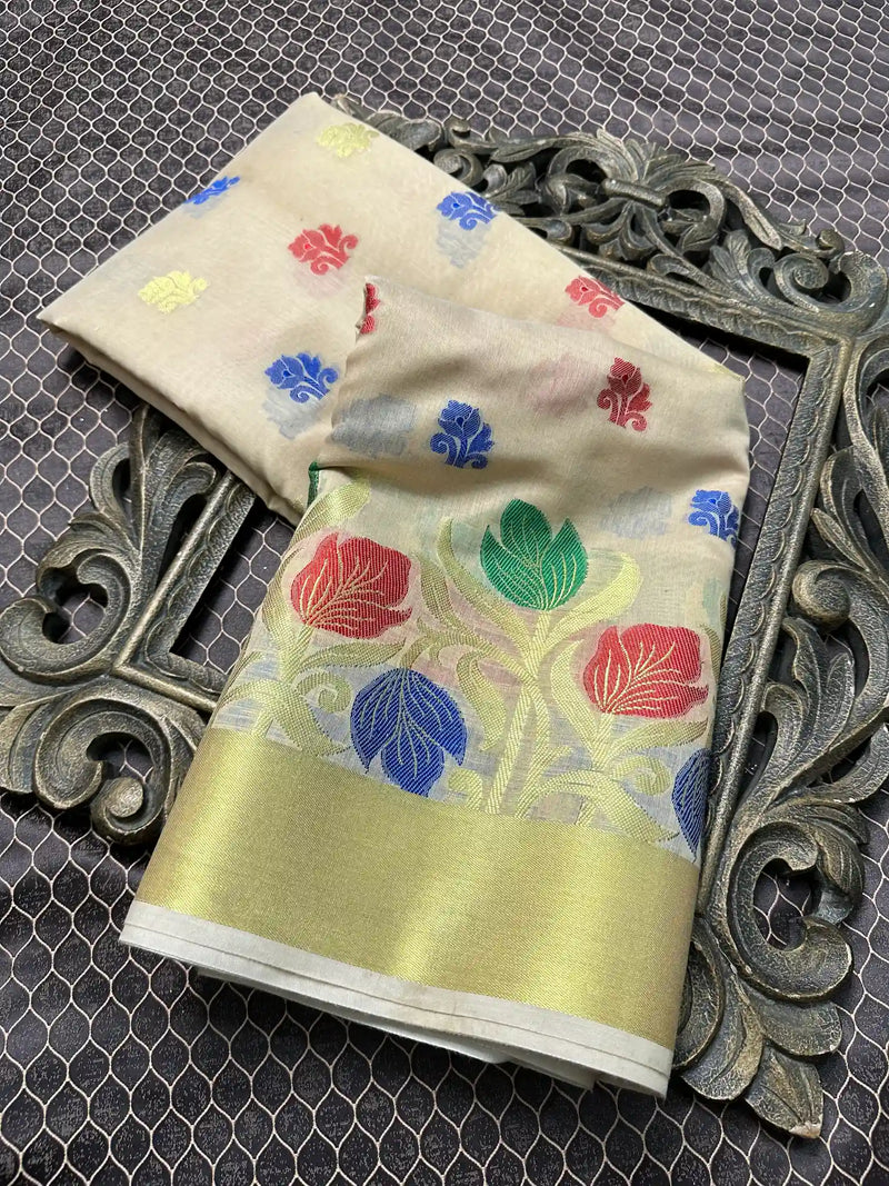 Beautiful Soft Cotton Zari Buta Banarasi Saree