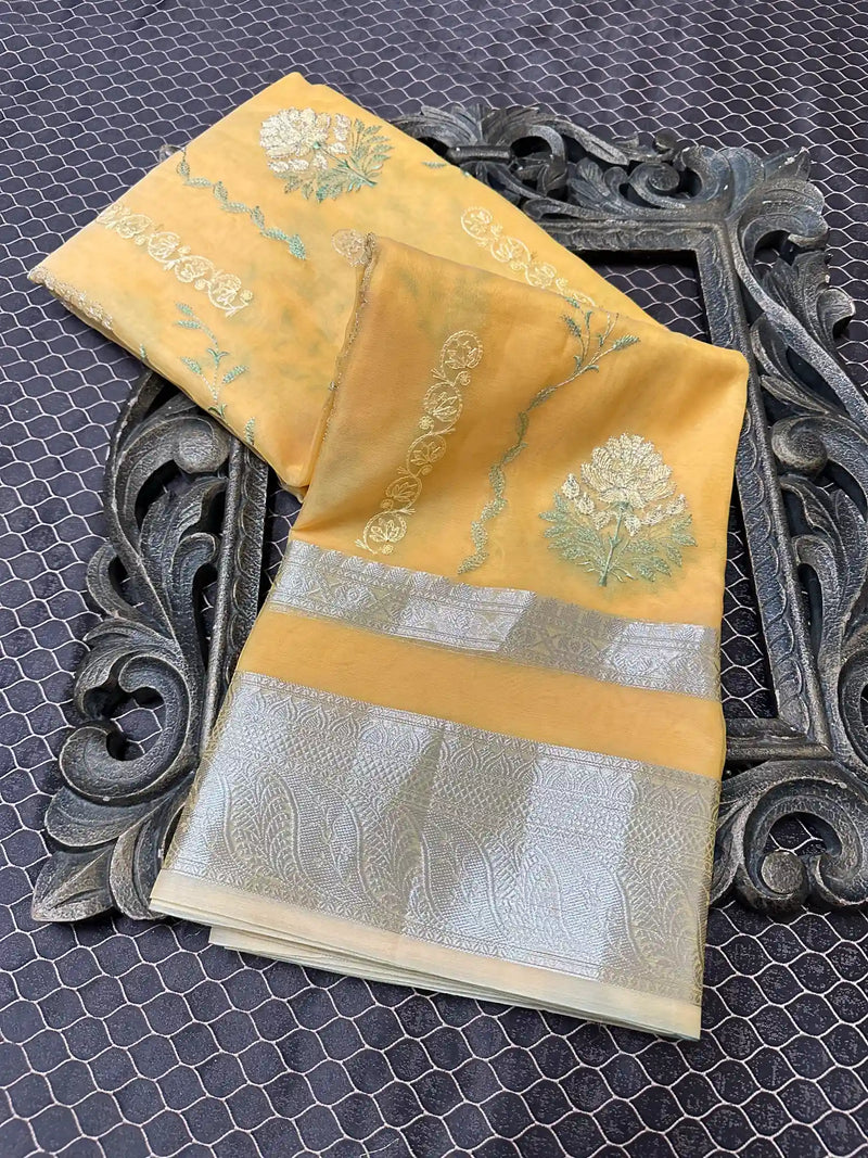 Beautiful Soft Cotton Zari Buta Banarasi Saree