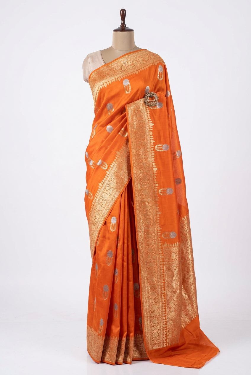 Metallic Orange Handloom Weave Pure Kora Silk Banarasi Saree