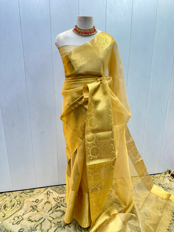 Ready To Wear Golden Zari Kota Tissue Saree