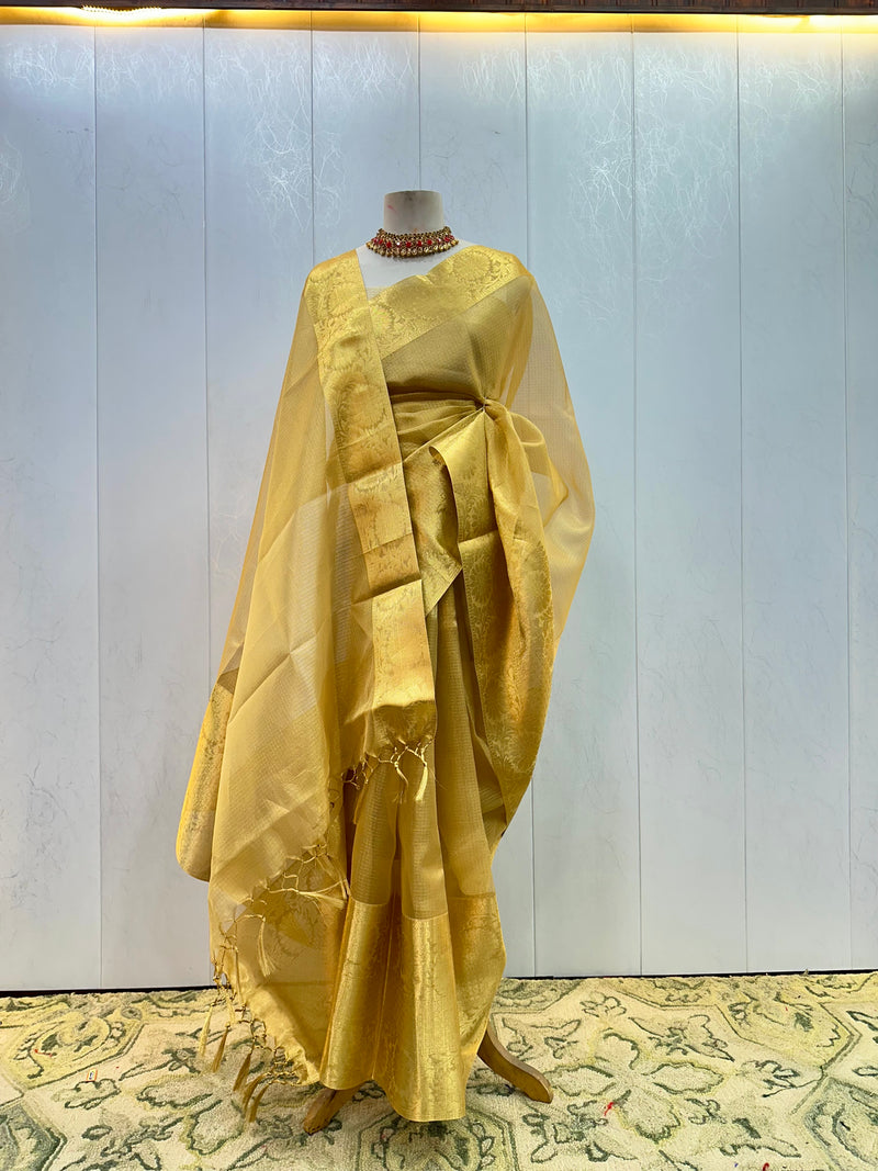 Ready To Wear Golden Zari Kota Tissue Saree