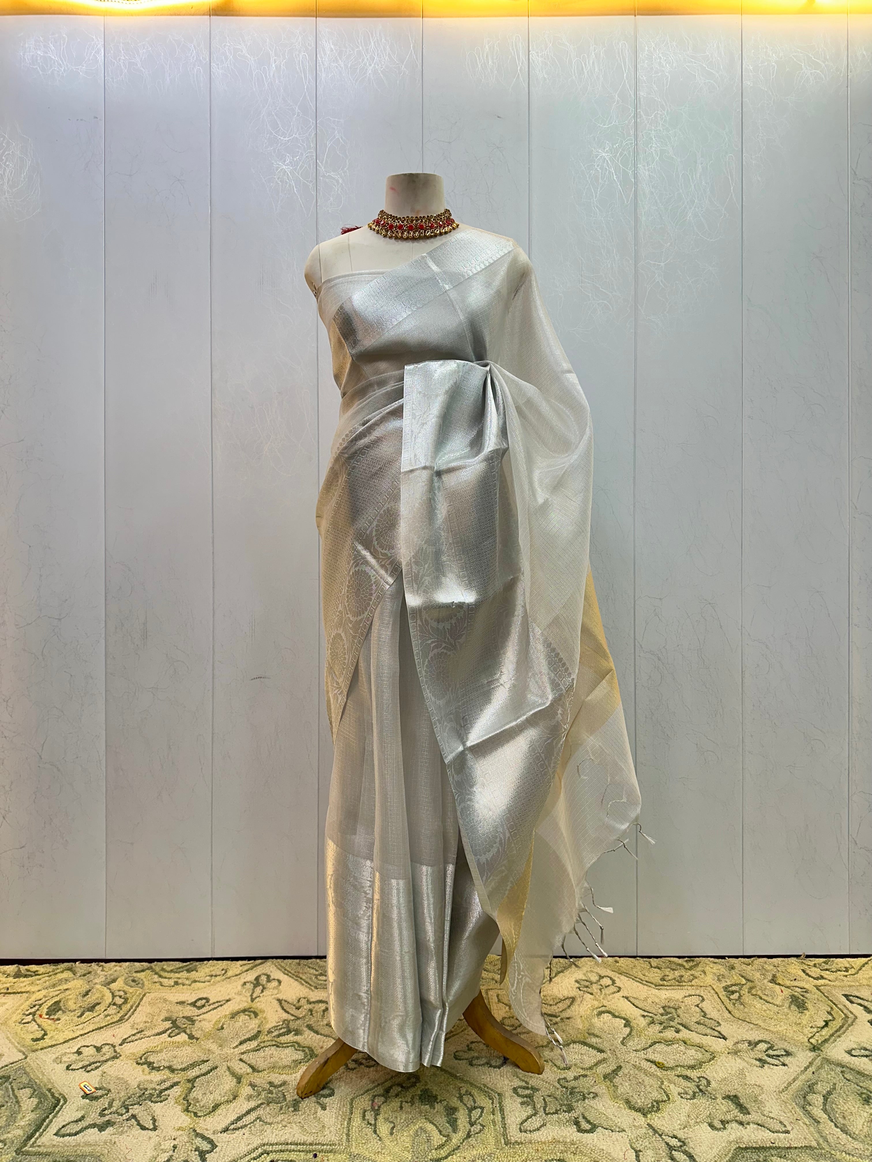 Ready To Wear Silver Zari Kota Tissue Saree – The Usee Shop