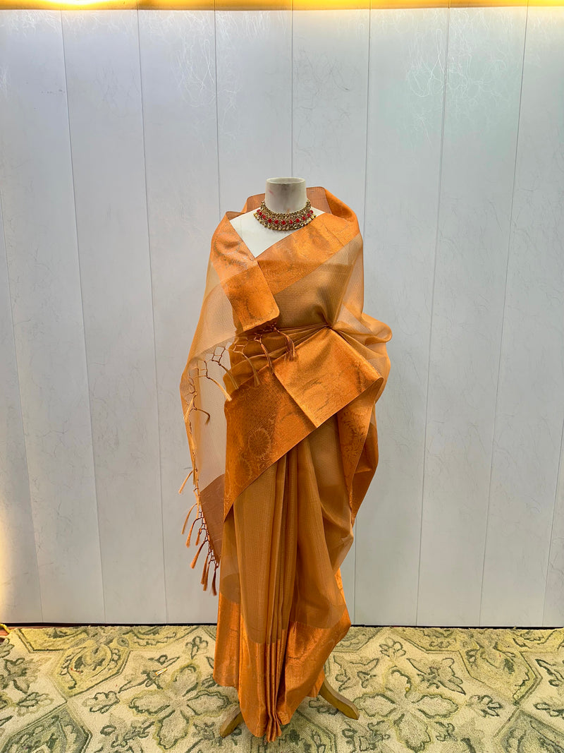 Ready To Wear Copper Zari Kota Tissue Saree