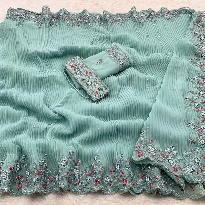 Sea Green Colour Shade Crushed Saree with Zardosi Work