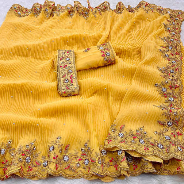 Yellow Colour Shade Crushed Saree with Zardosi Work