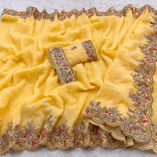 Yellow Colour Shade Crushed Saree with Zardosi Work