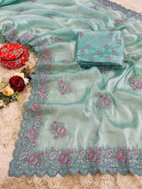 Sea Green Colour Shade Shimmery tissue silk saree